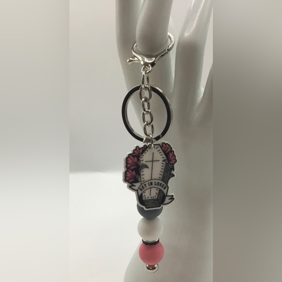 Accessories - HANDMADE PINK BLACK BEAD AND CHARM GET IN LOSER COFFIN KEY CHAIN PURSE CHARM